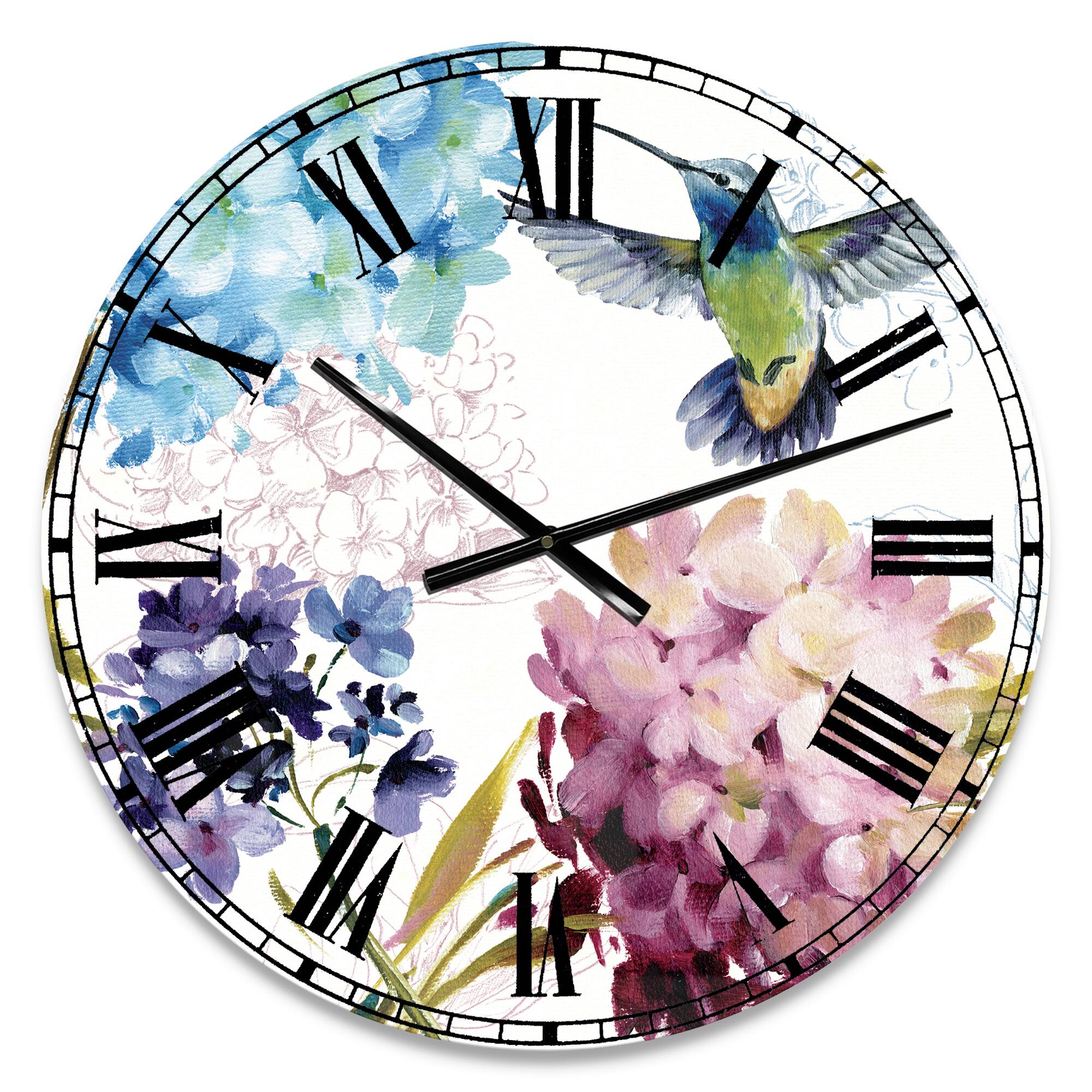 Designart 'Humming Bird Blue Cottage Flower Farmhouse Wall Clock